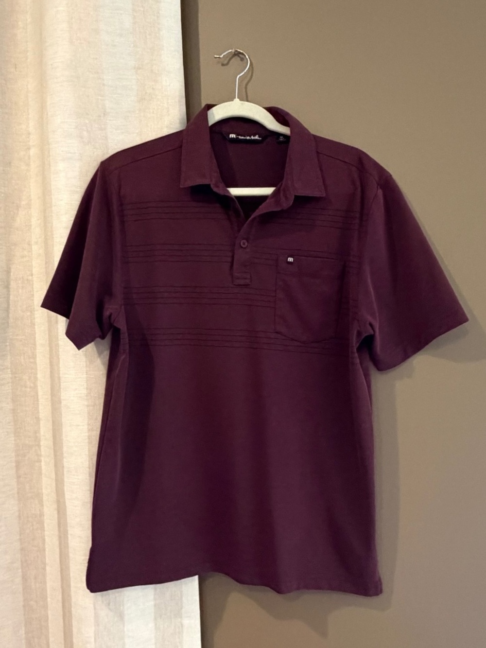 Travis Mathew Maroon Striped Golf Polo Shirt, Pocket, Size Medium